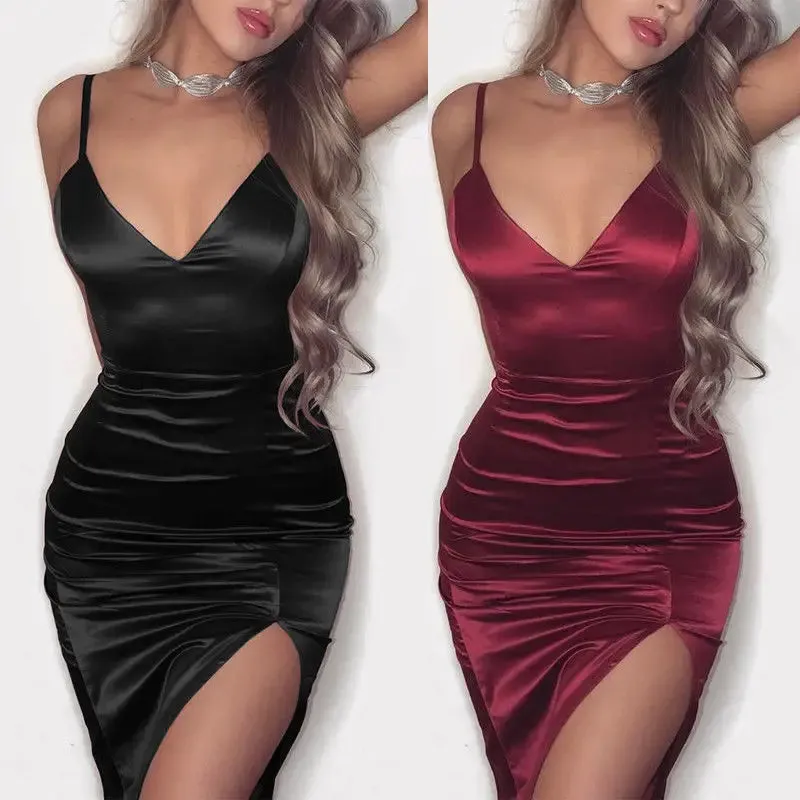 Slip Sexy Bodycon Satin Strappy Backless Midi Dress Withb V-Neck