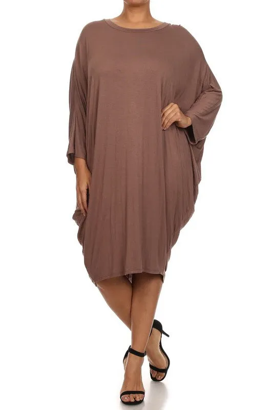 Solid 3/4 Sleeve Short Midi Dress
