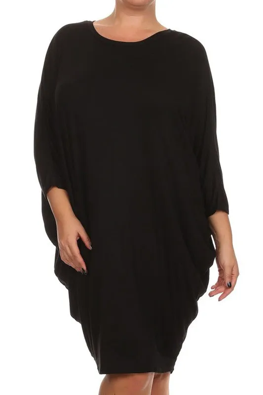 Solid 3/4 Sleeve Short Midi Dress