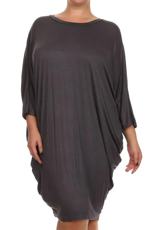 Solid 3/4 Sleeve Short Midi Dress