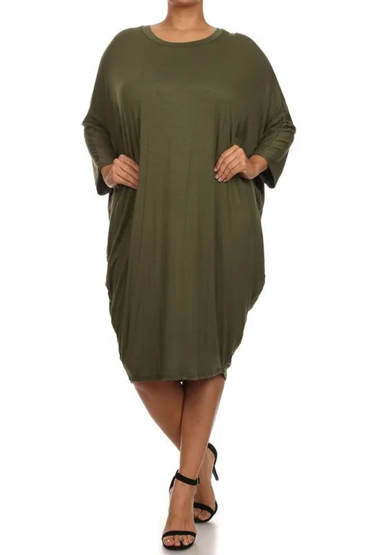 Solid 3/4 Sleeve Short Midi Dress