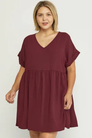 Solid textured v-neck short sleeve babydoll dress