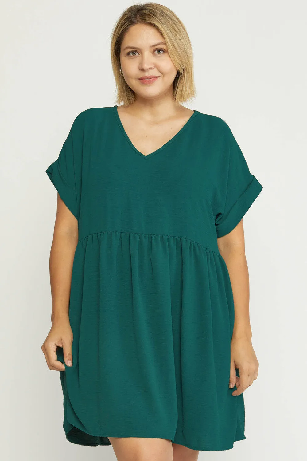 Solid textured v-neck short sleeve babydoll dress