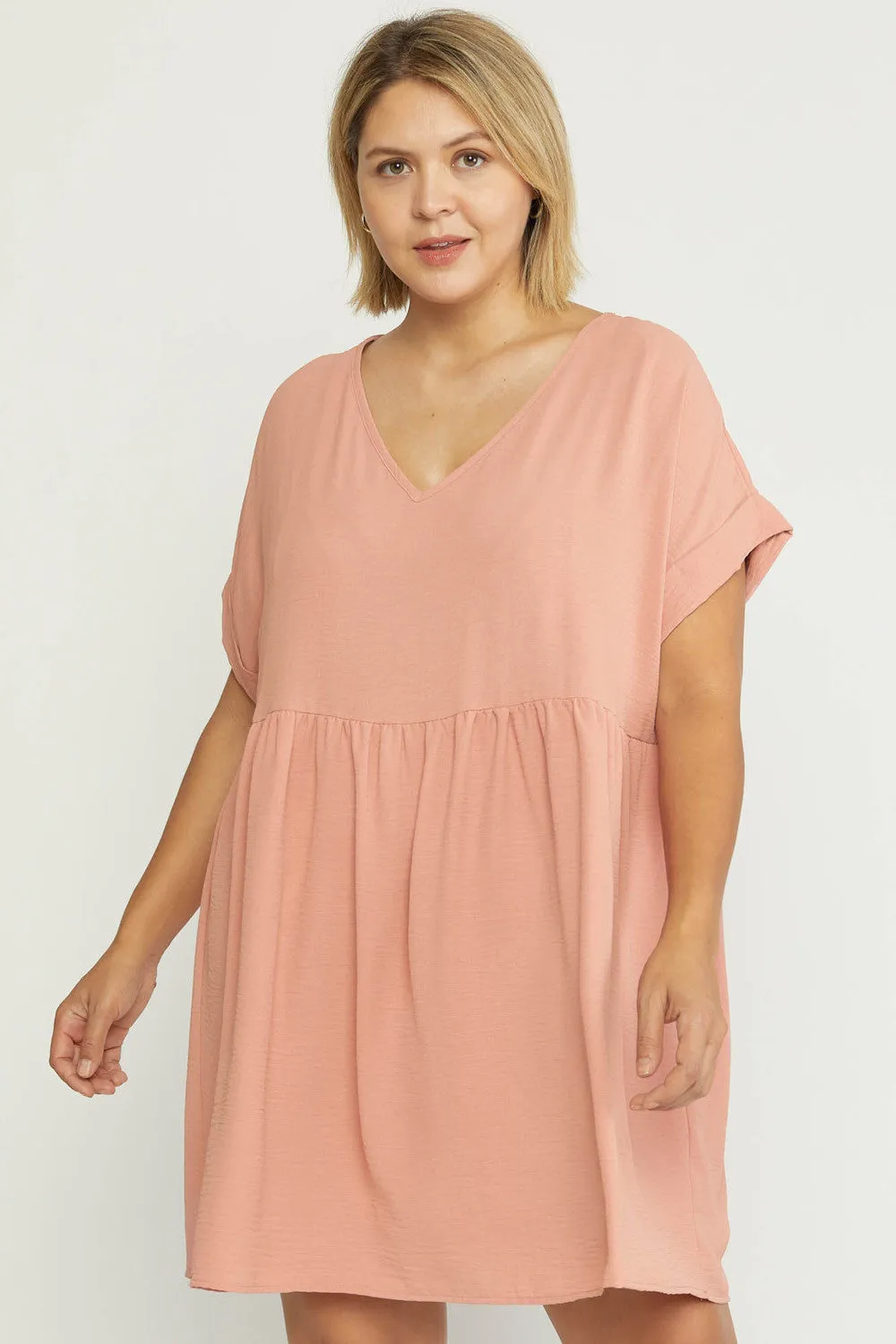 Solid textured v-neck short sleeve babydoll dress