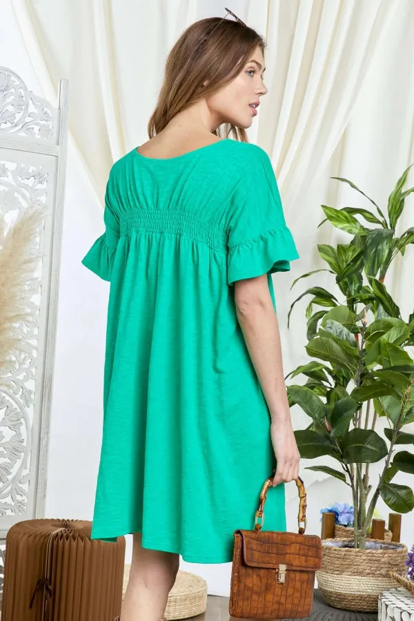 SOLID V NECK SCOCKED SHORT SLEEVE TEE DRESS