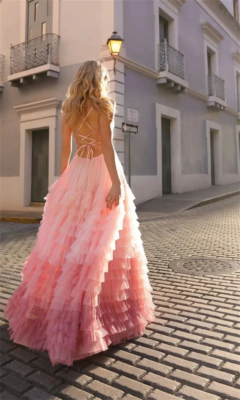 Spaghetti Strap Multilay Gradient Vestidos De Noche Elegant Sleeveless Sexy Side High Split Prom Dresses