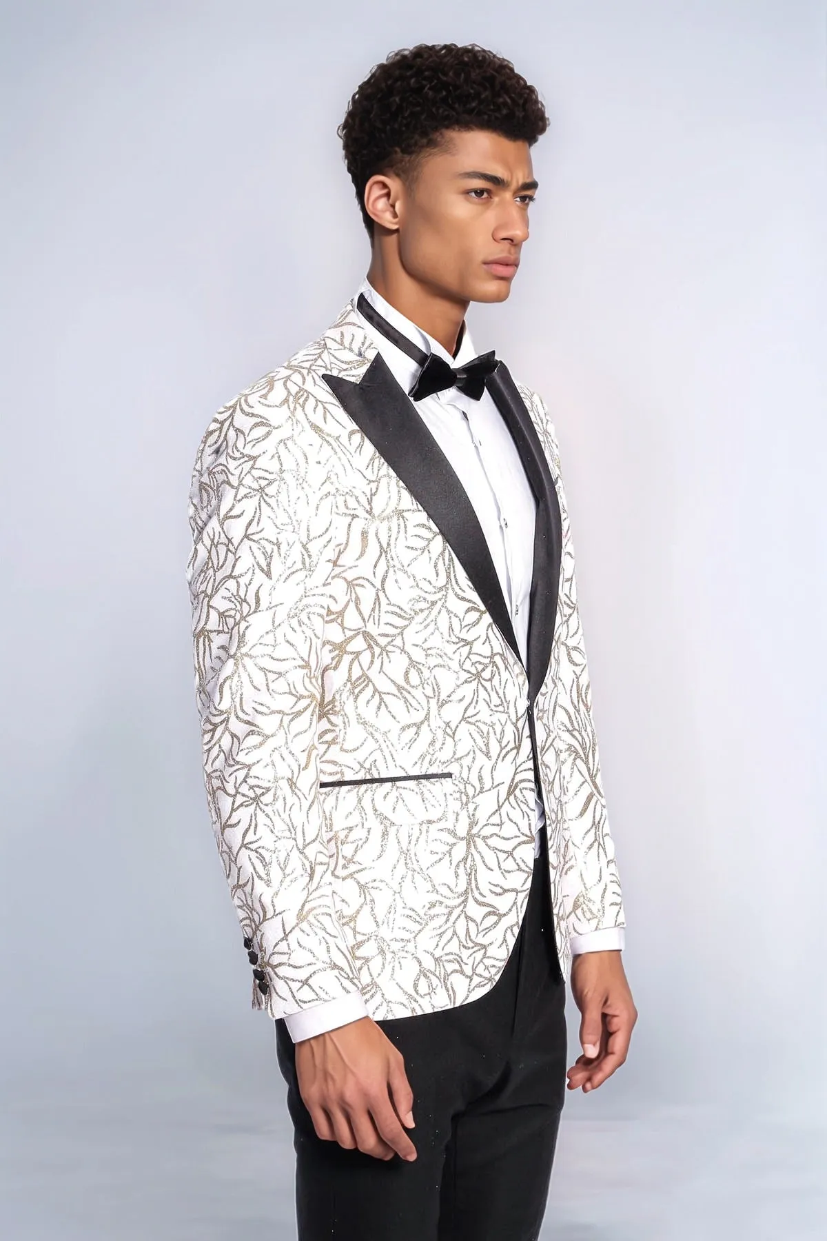 Sparkling Ivy Patterned Slim Fit White Men Prom Blazer - Wessi