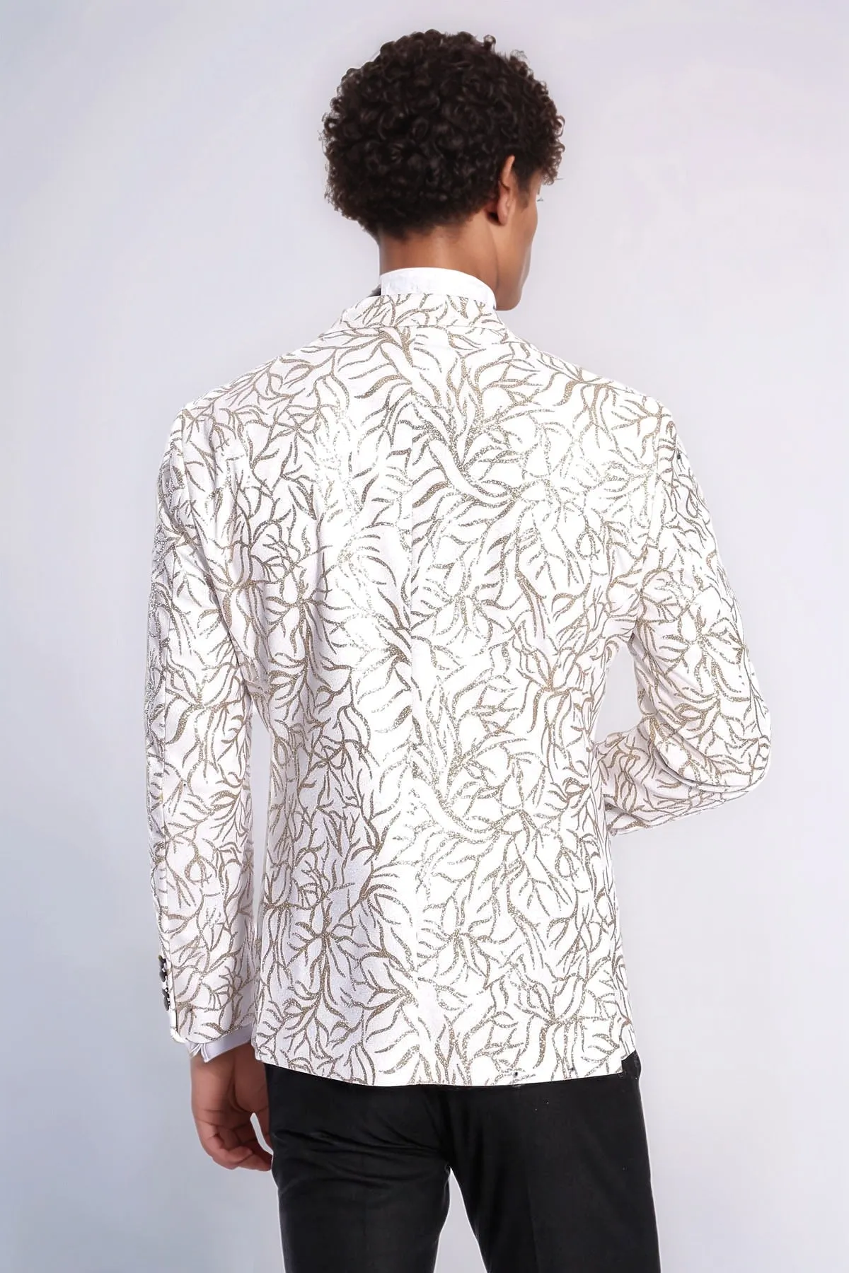 Sparkling Ivy Patterned Slim Fit White Men Prom Blazer - Wessi
