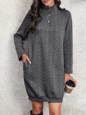 Stand Collar Sweatshirt Dress with Cable Knit Pattern