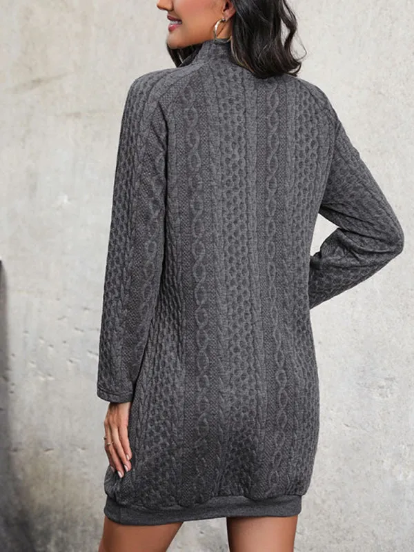 Stand Collar Sweatshirt Dress with Cable Knit Pattern