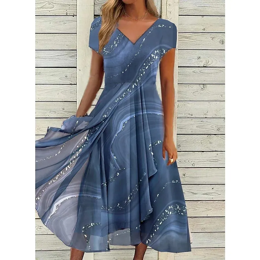 Stella™ | Midi dress with whirl pattern and V-neck