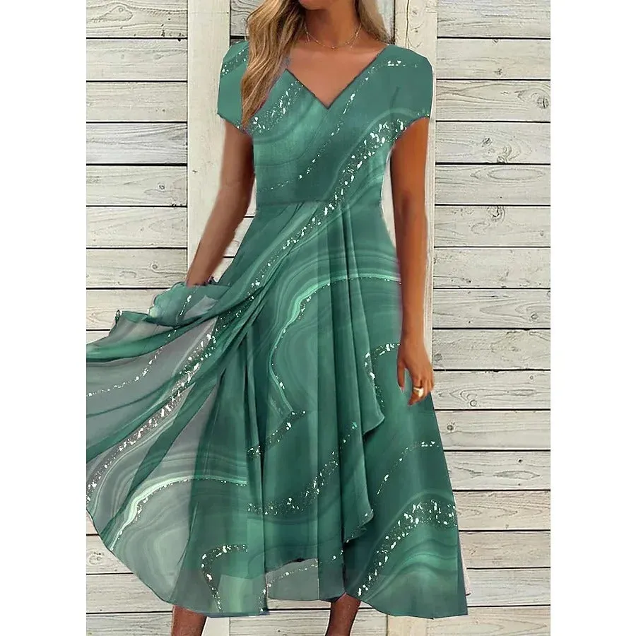 Stella™ | Midi dress with whirl pattern and V-neck