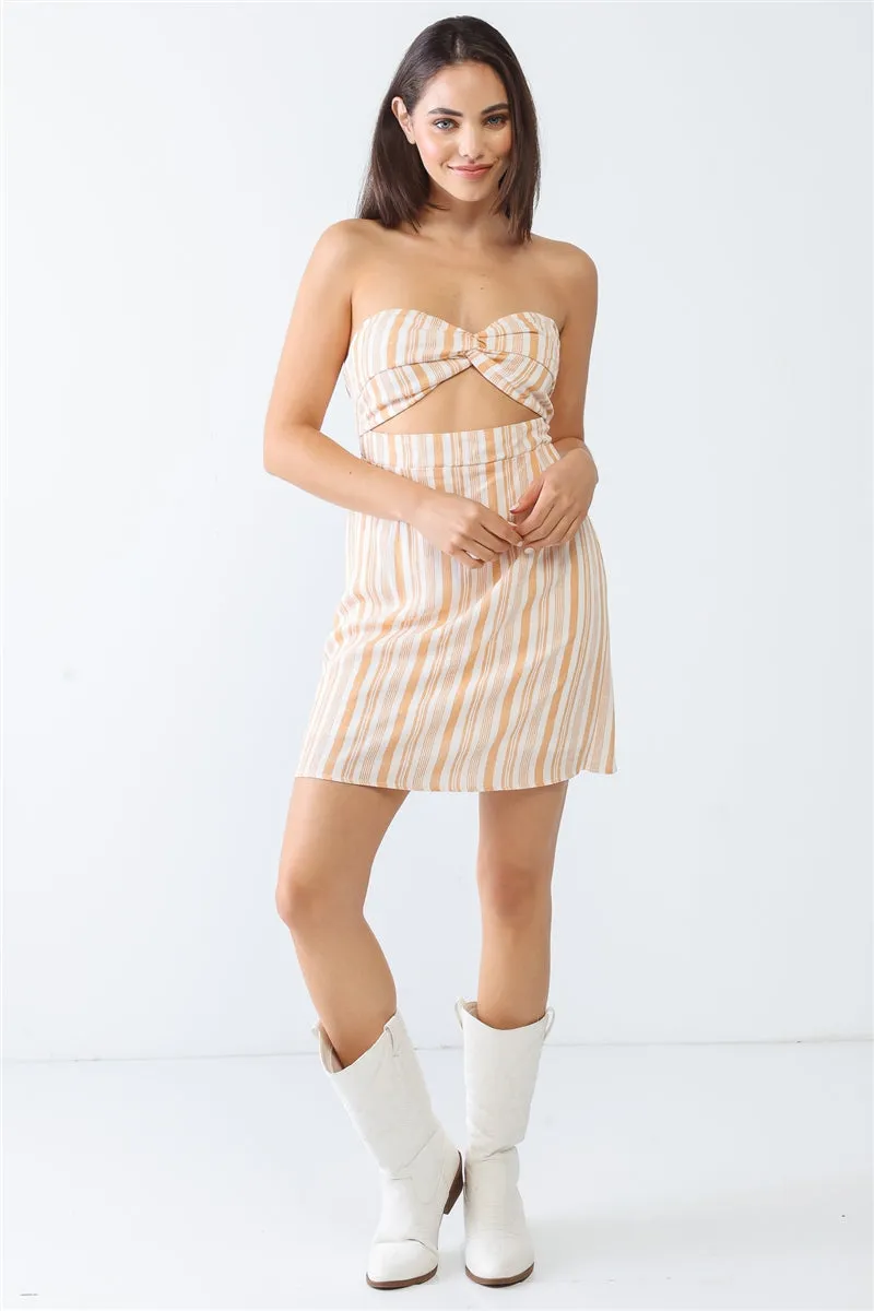Strapless Apricot Stripe Print Twist Cut-out Back Mini Dress