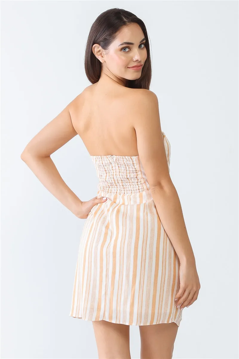 Strapless Apricot Stripe Print Twist Cut-out Back Mini Dress