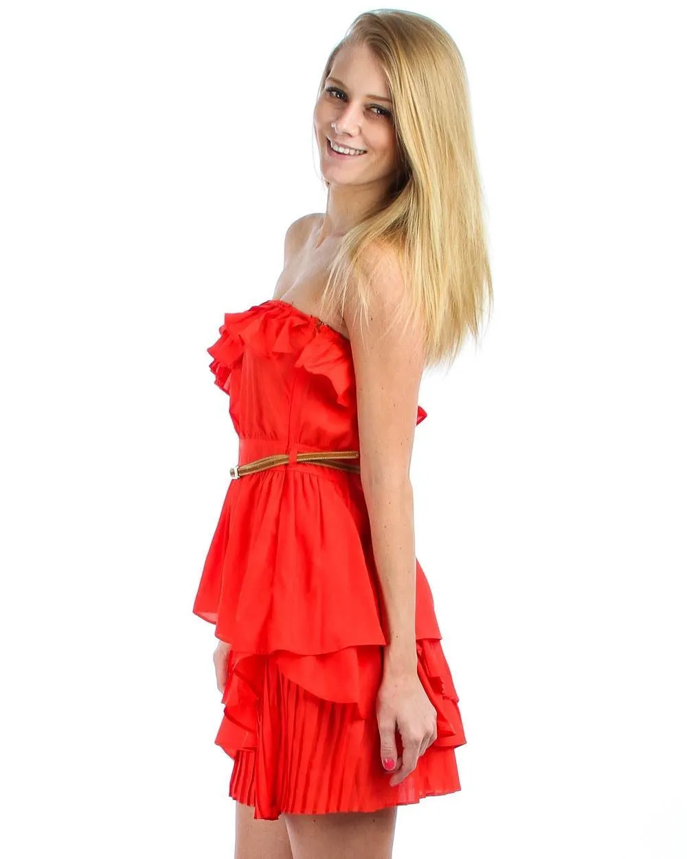 Strapless Mini Dress Ruffle Belt Orange Red