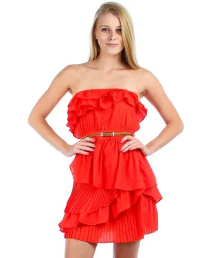 Strapless Mini Dress Ruffle Belt Orange Red