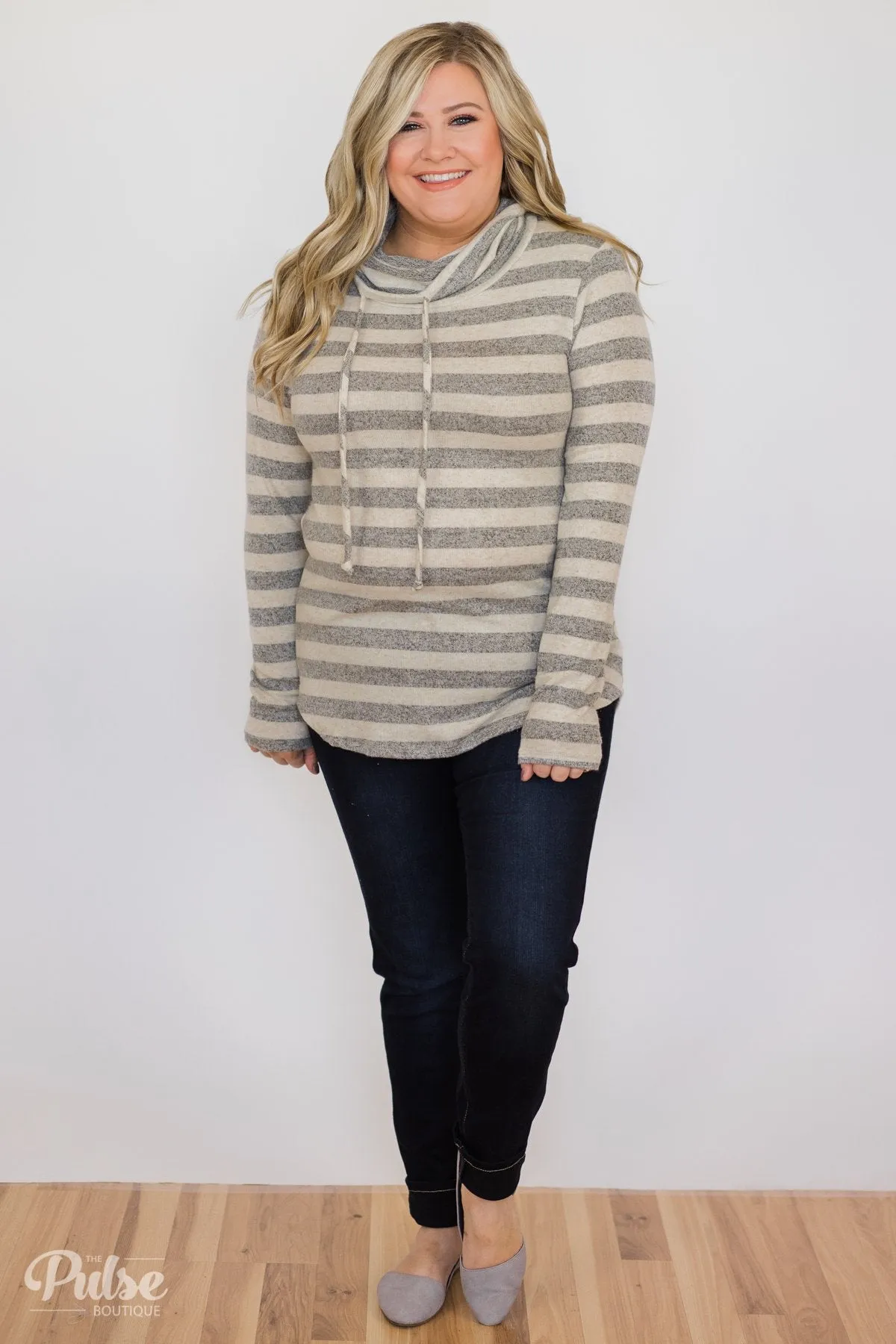 Striped Cowl Neck Top- Grey & Oatmeal