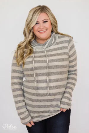 Striped Cowl Neck Top- Grey & Oatmeal