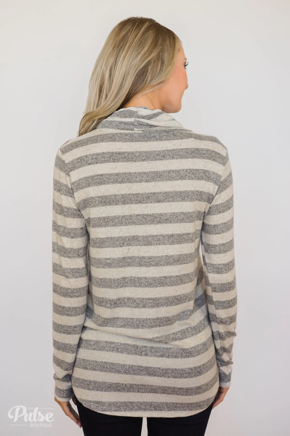 Striped Cowl Neck Top- Grey & Oatmeal