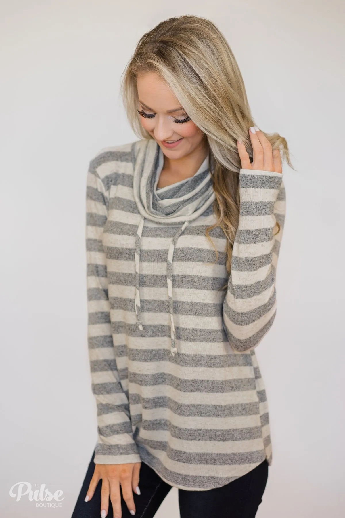 Striped Cowl Neck Top- Grey & Oatmeal