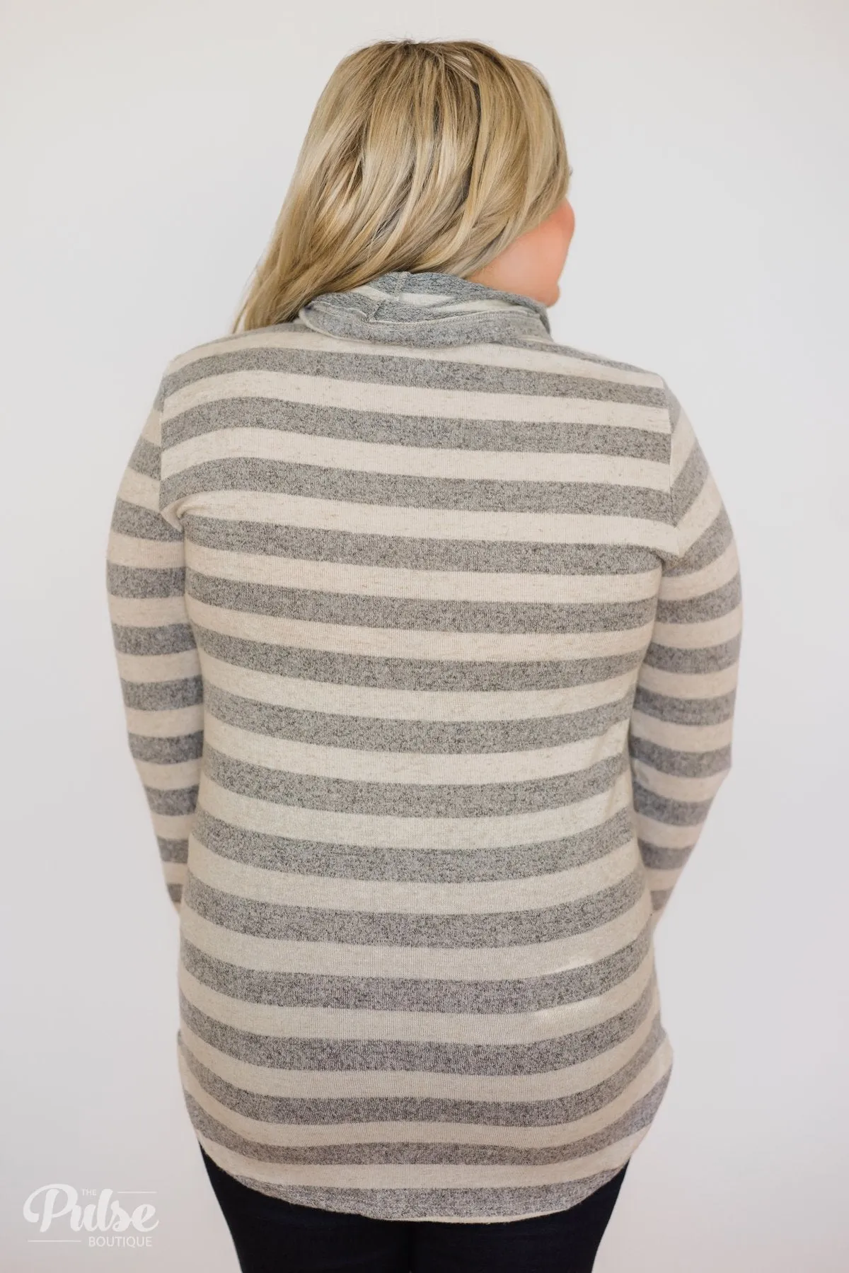 Striped Cowl Neck Top- Grey & Oatmeal