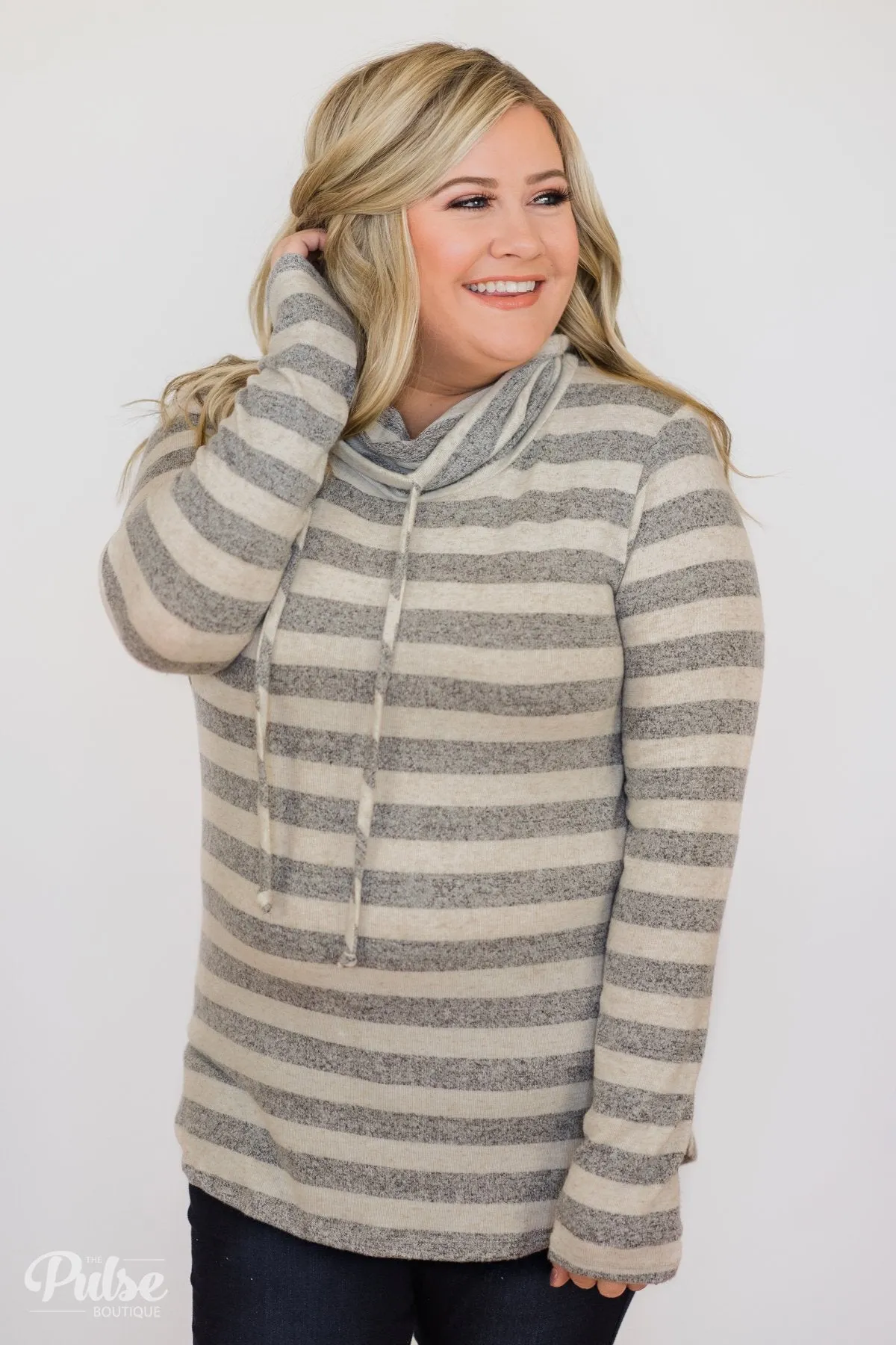 Striped Cowl Neck Top- Grey & Oatmeal