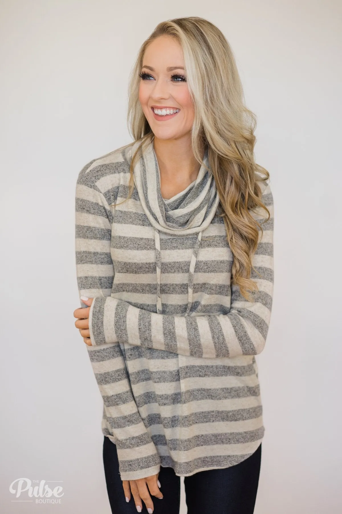 Striped Cowl Neck Top- Grey & Oatmeal