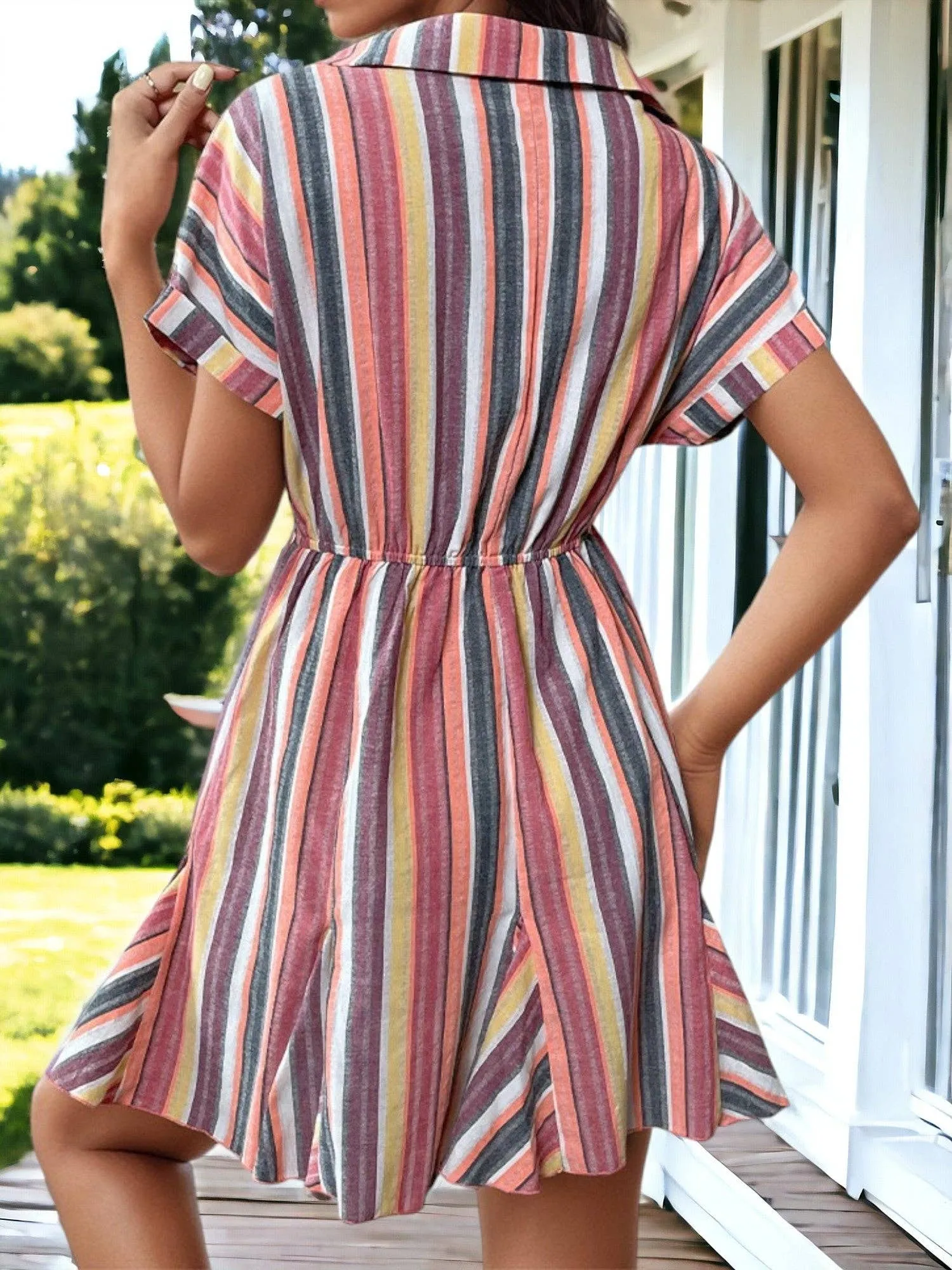 Striped Print Short Sleeve Polo Neck Dress