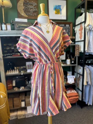 Striped Print Short Sleeve Polo Neck Dress