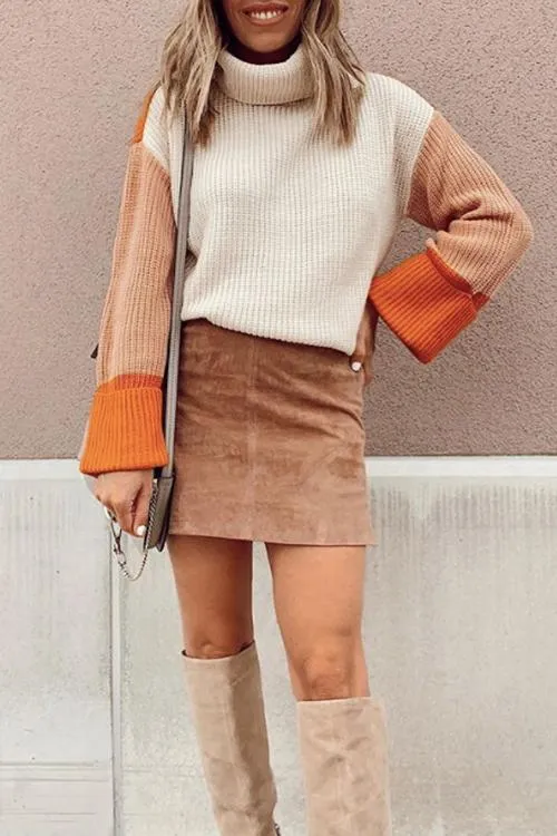 Stunncal Pumpkin Oversized Color Block Sweater