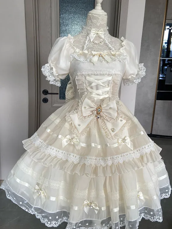 Sweet Lolita Dress White Lace Lolita Bridal Dress Polyester Short Sleeves Hime Lolita Dress