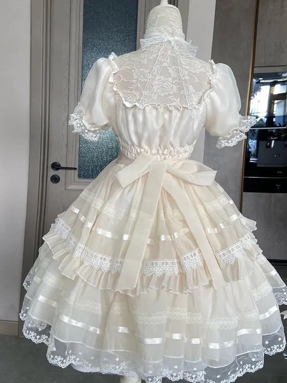 Sweet Lolita Dress White Lace Lolita Bridal Dress Polyester Short Sleeves Hime Lolita Dress