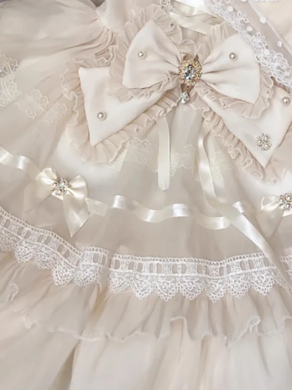 Sweet Lolita Dress White Lace Lolita Bridal Dress Polyester Short Sleeves Hime Lolita Dress