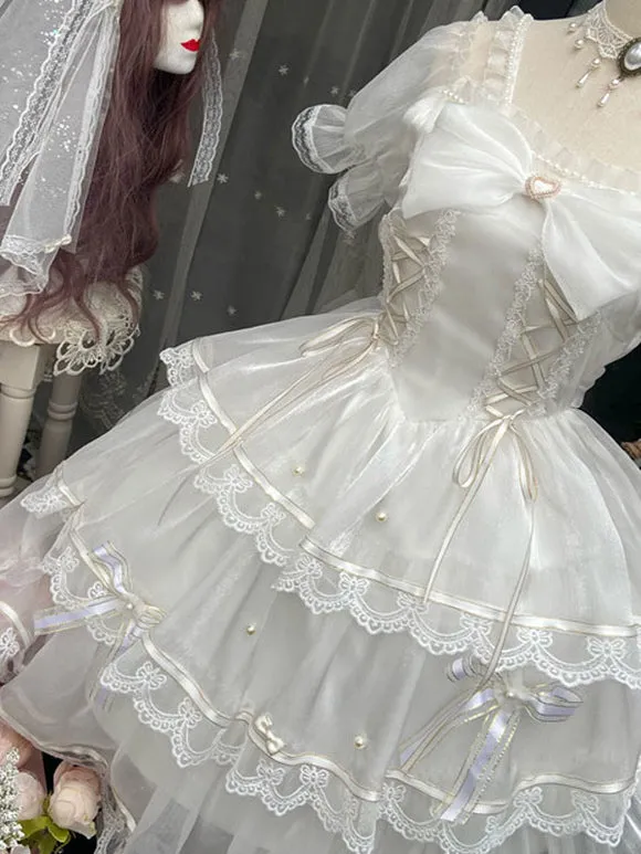 Sweet Lolita JSK Dress Polyester Sleeveless Lace Bow White Lolita Jumper Skirt