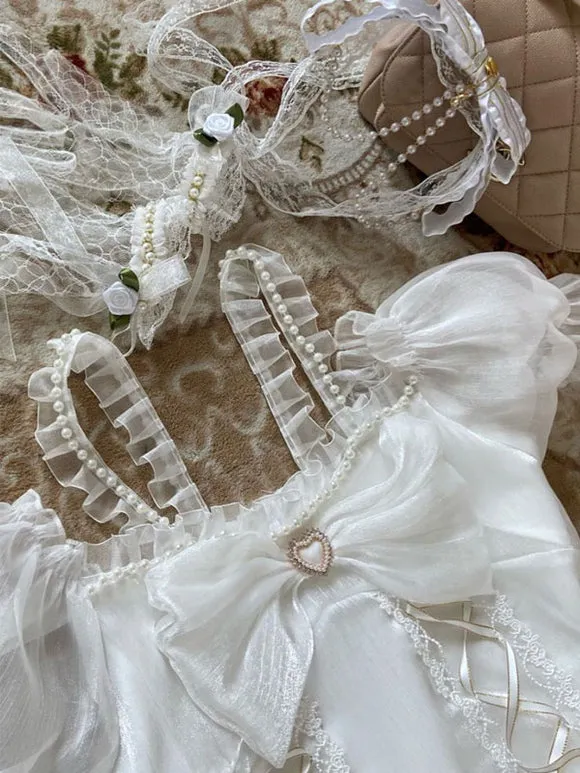 Sweet Lolita JSK Dress Polyester Sleeveless Lace Bow White Lolita Jumper Skirt
