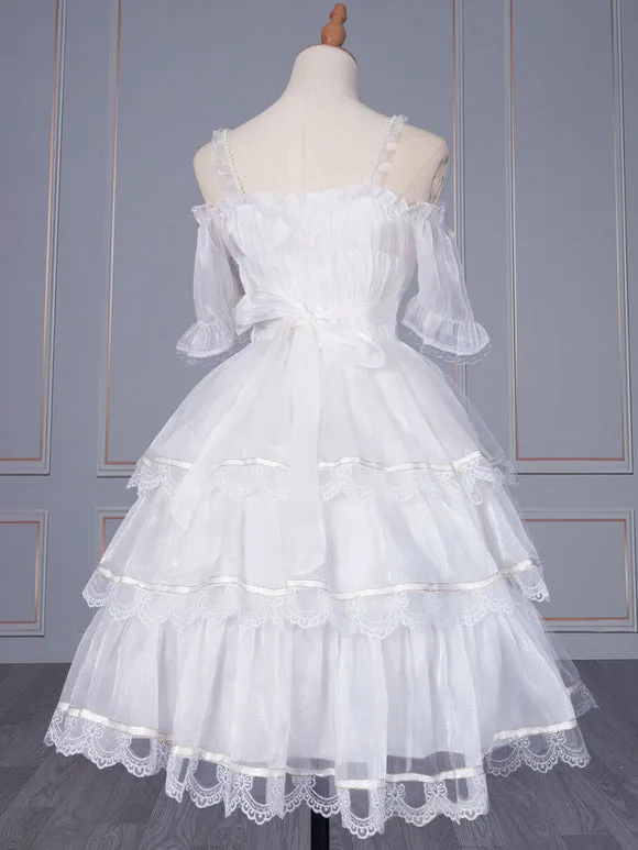 Sweet Lolita JSK Dress Polyester Sleeveless Lace Bow White Lolita Jumper Skirt