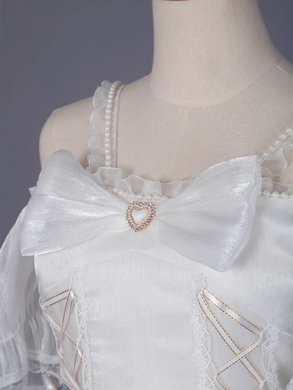 Sweet Lolita JSK Dress Polyester Sleeveless Lace Bow White Lolita Jumper Skirt