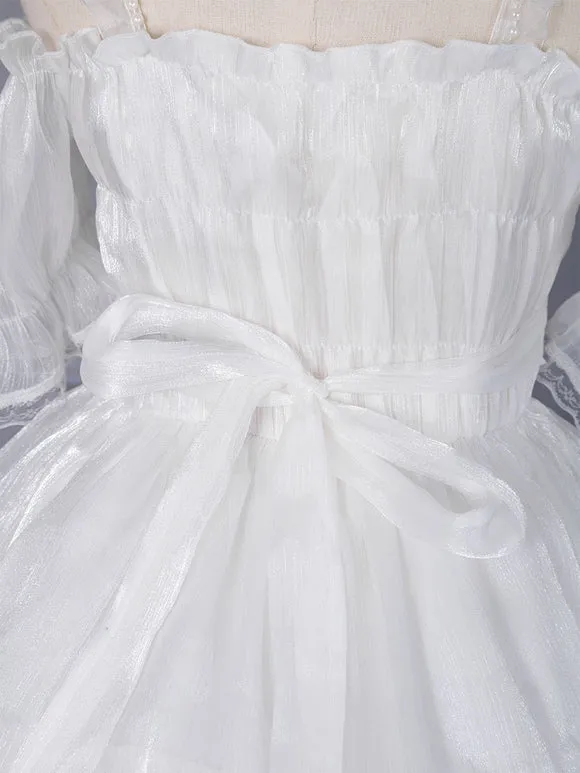 Sweet Lolita JSK Dress Polyester Sleeveless Lace Bow White Lolita Jumper Skirt