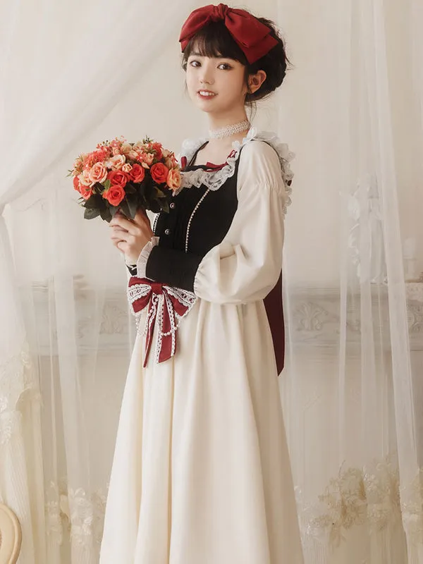 Sweet Lolita OP Dress Lace White Polyester Long Sleeves Red Bowknot Ruffles Snow White Traditional Lolita One Piece Dresses