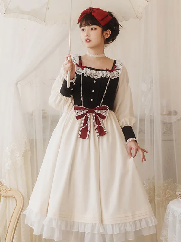 Sweet Lolita OP Dress Lace White Polyester Long Sleeves Red Bowknot Ruffles Snow White Traditional Lolita One Piece Dresses