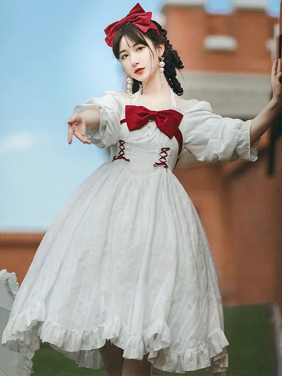 Sweet Lolita OP Dress Long Sleeves Bowknot Lace Up Ruffles Casual Lolita One Piece Dress