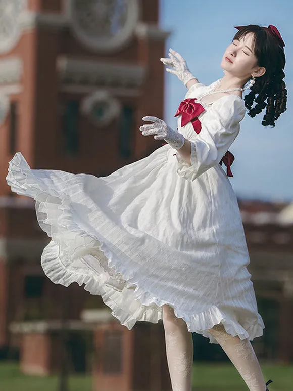 Sweet Lolita OP Dress Long Sleeves Bowknot Lace Up Ruffles Casual Lolita One Piece Dress