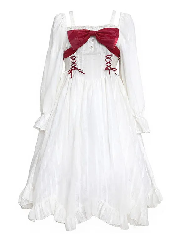 Sweet Lolita OP Dress Long Sleeves Bowknot Lace Up Ruffles Casual Lolita One Piece Dress
