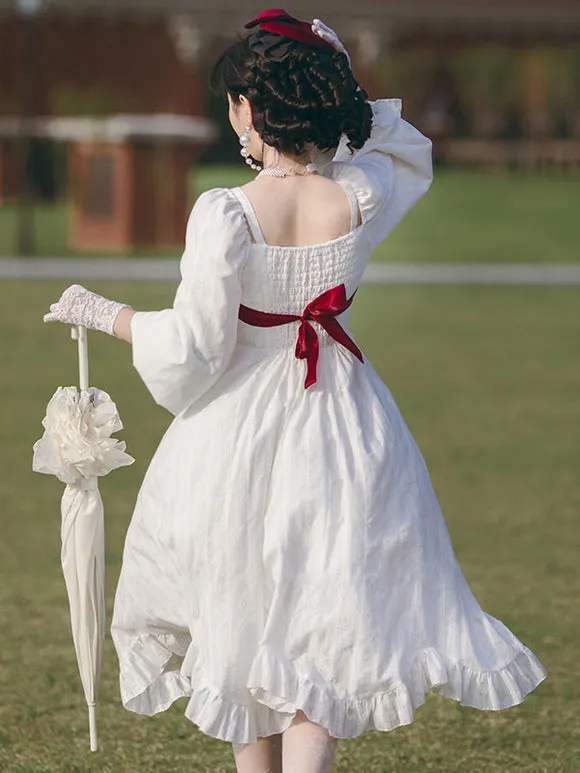 Sweet Lolita OP Dress Long Sleeves Bowknot Lace Up Ruffles Casual Lolita One Piece Dress
