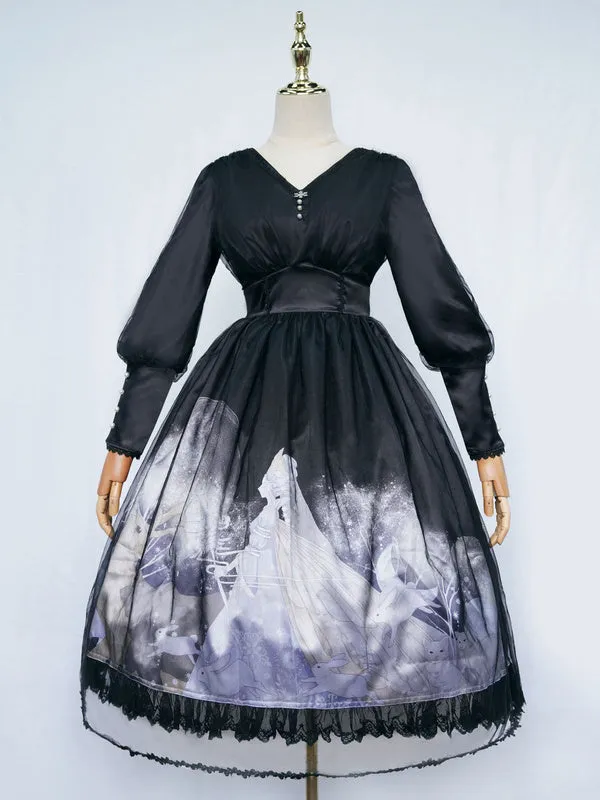 Sweet Lolita OP Dress Pleated Nets Light Sky Blue Long Sleeves Lolita One Piece Dresses