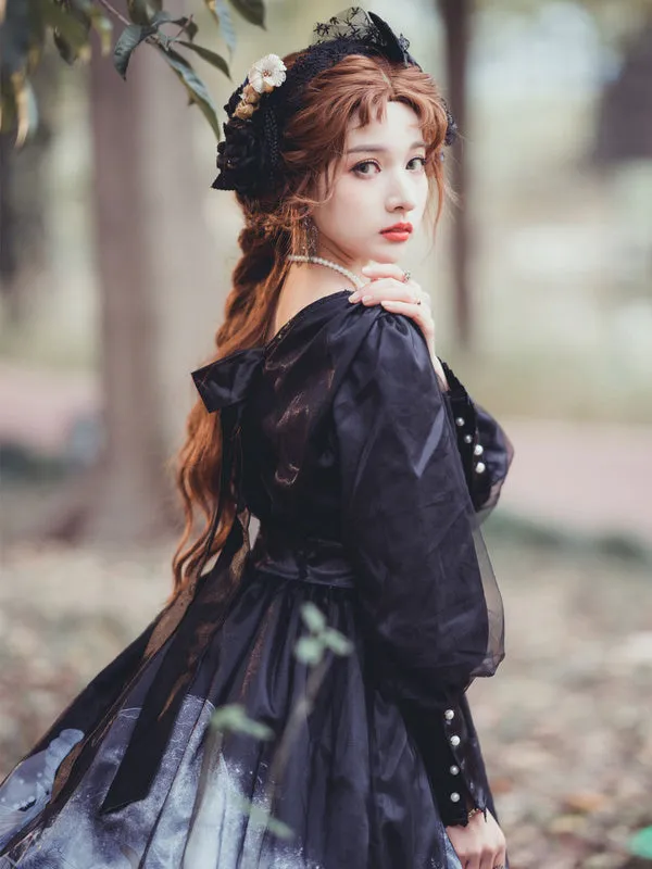 Sweet Lolita OP Dress Pleated Nets Light Sky Blue Long Sleeves Lolita One Piece Dresses