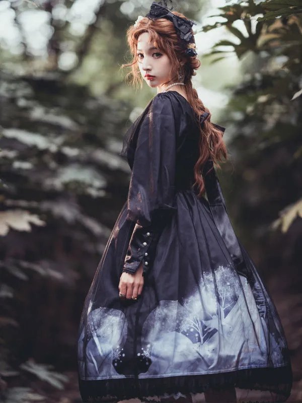 Sweet Lolita OP Dress Pleated Nets Light Sky Blue Long Sleeves Lolita One Piece Dresses