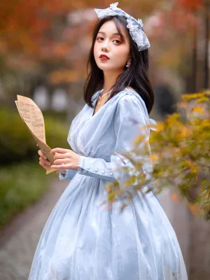 Sweet Lolita OP Dress Pleated Nets Light Sky Blue Long Sleeves Lolita One Piece Dresses