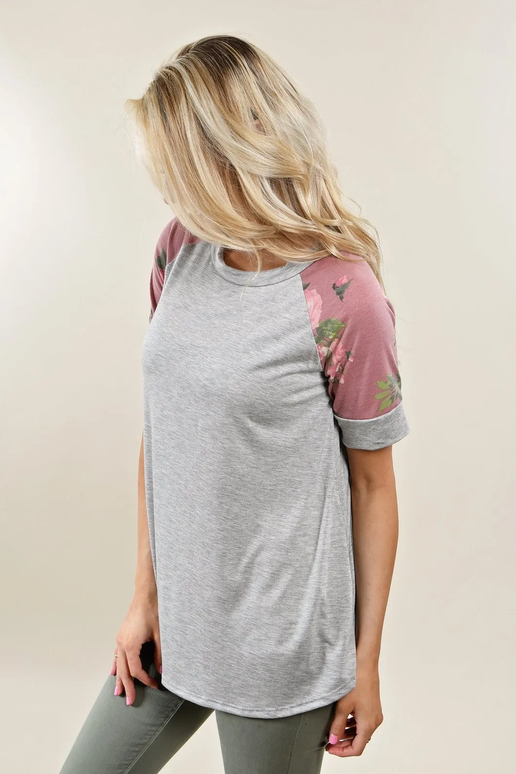 Sweet Pea Pink Floral Sleeve Top ~ Heather Grey