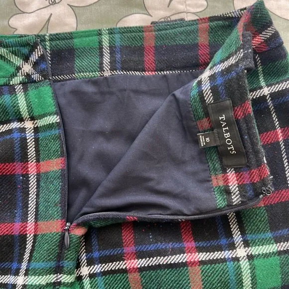 Talbots Confetti Speckled Wool Blend Tartan Plaid Pencil Skirt Green/Red/Blue 10